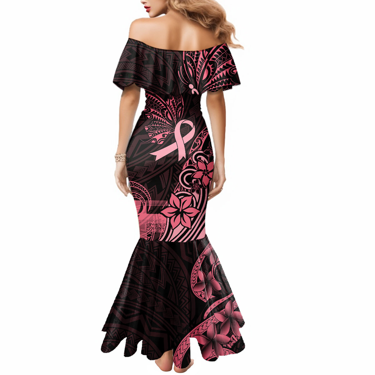 Polynesian Mermaid Dress Breast Cancer RIbbon Butterfly Mix Plumeria Curves Pink - Wonder Print Shop