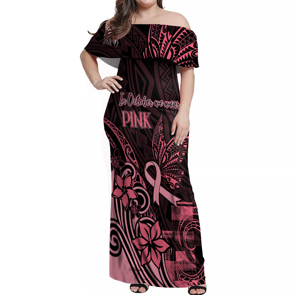 Polynesian Off Shoulder Maxi Dress Breast Cancer RIbbon Butterfly Mix Plumeria Curves Pink - Wonder Print Shop