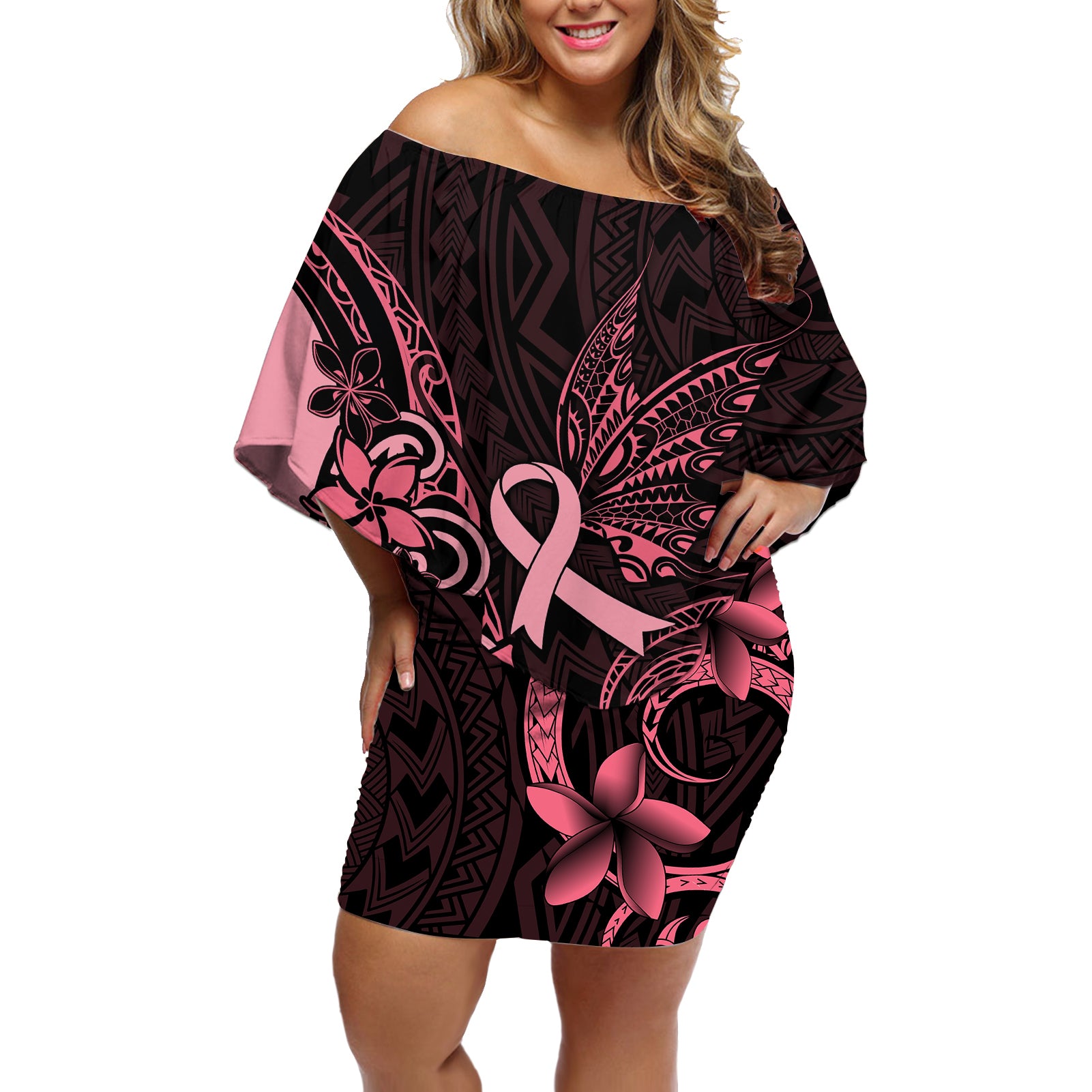 Polynesian Off Shoulder Short Dress Breast Cancer RIbbon Butterfly Mix Plumeria Curves Pink - Wonder Print Shop