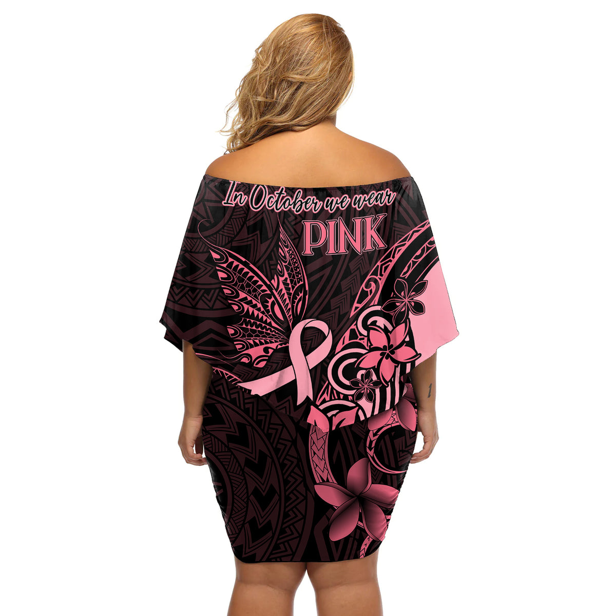 Polynesian Off Shoulder Short Dress Breast Cancer RIbbon Butterfly Mix Plumeria Curves Pink - Wonder Print Shop