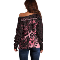 Polynesian Off Shoulder Sweater Breast Cancer RIbbon Butterfly Mix Plumeria Curves Pink - Wonder Print Shop