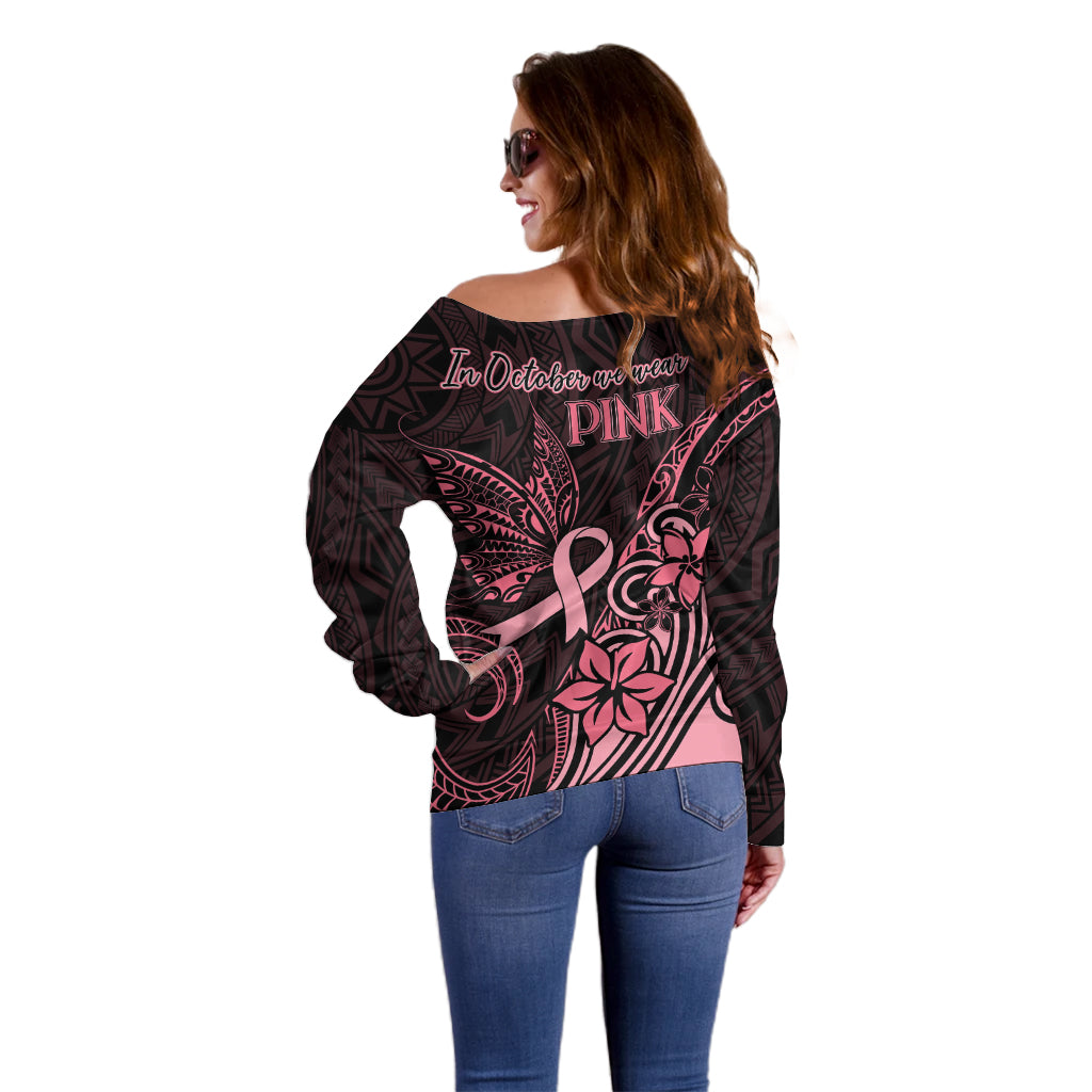 Polynesian Off Shoulder Sweater Breast Cancer RIbbon Butterfly Mix Plumeria Curves Pink - Wonder Print Shop
