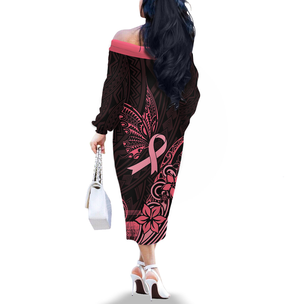 Polynesian Off The Shoulder Long Sleeve Dress Breast Cancer RIbbon Butterfly Mix Plumeria Curves Pink - Wonder Print Shop
