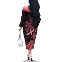 Polynesian Off The Shoulder Long Sleeve Dress Breast Cancer RIbbon Butterfly Mix Plumeria Curves Pink - Wonder Print Shop
