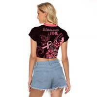 Polynesian Raglan Cropped T Shirt Breast Cancer RIbbon Butterfly Mix Plumeria Curves Pink - Wonder Print Shop