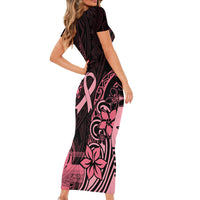 Polynesian Short Sleeve Bodycon Dress Breast Cancer RIbbon Butterfly Mix Plumeria Curves Pink - Wonder Print Shop