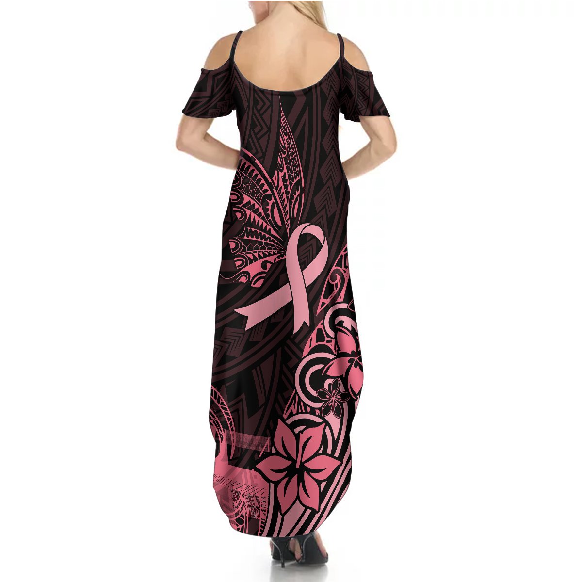 Polynesian Summer Maxi Dress Breast Cancer RIbbon Butterfly Mix Plumeria Curves Pink - Wonder Print Shop