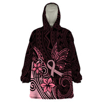 Polynesian Wearable Blanket Hoodie Breast Cancer RIbbon Butterfly Mix Plumeria Curves Pink - Wonder Print Shop