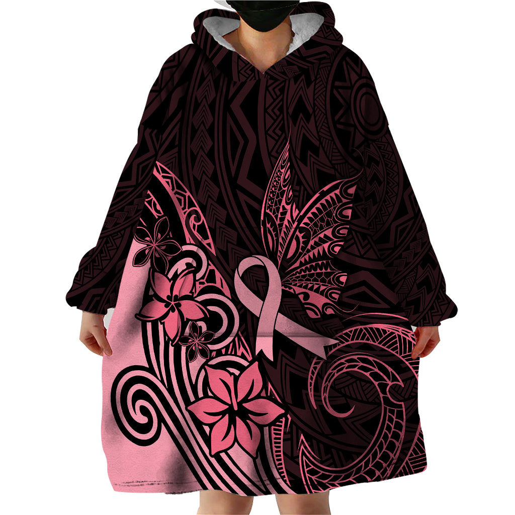 Polynesian Wearable Blanket Hoodie Breast Cancer RIbbon Butterfly Mix Plumeria Curves Pink - Wonder Print Shop