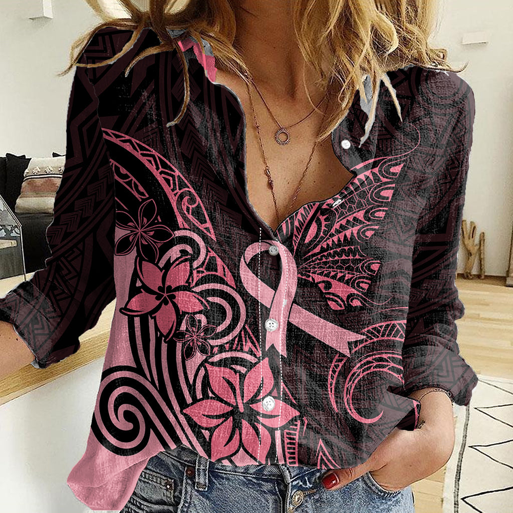 Polynesian Women Casual Shirt Breast Cancer RIbbon Butterfly Mix Plumeria Curves Pink - Wonder Print Shop