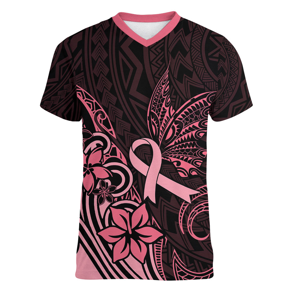 Polynesian Women V Neck T Shirt Breast Cancer RIbbon Butterfly Mix Plumeria Curves Pink - Wonder Print Shop