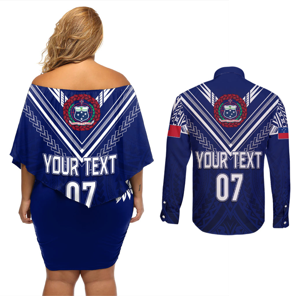Personalised Samoa Rugby Couples Matching Off Shoulder Short Dress and Long Sleeve Button Shirts World Cup 2023 Siamupini Siva Tau LT7 - Wonder Print Shop