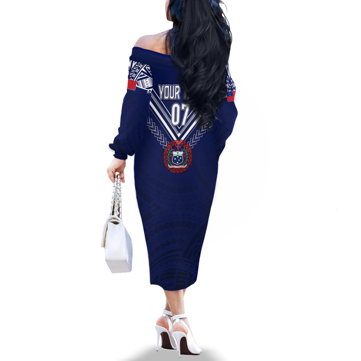 Personalised Samoa Rugby Off The Shoulder Long Sleeve Dress World Cup 2023 Siamupini Siva Tau - Wonder Print Shop