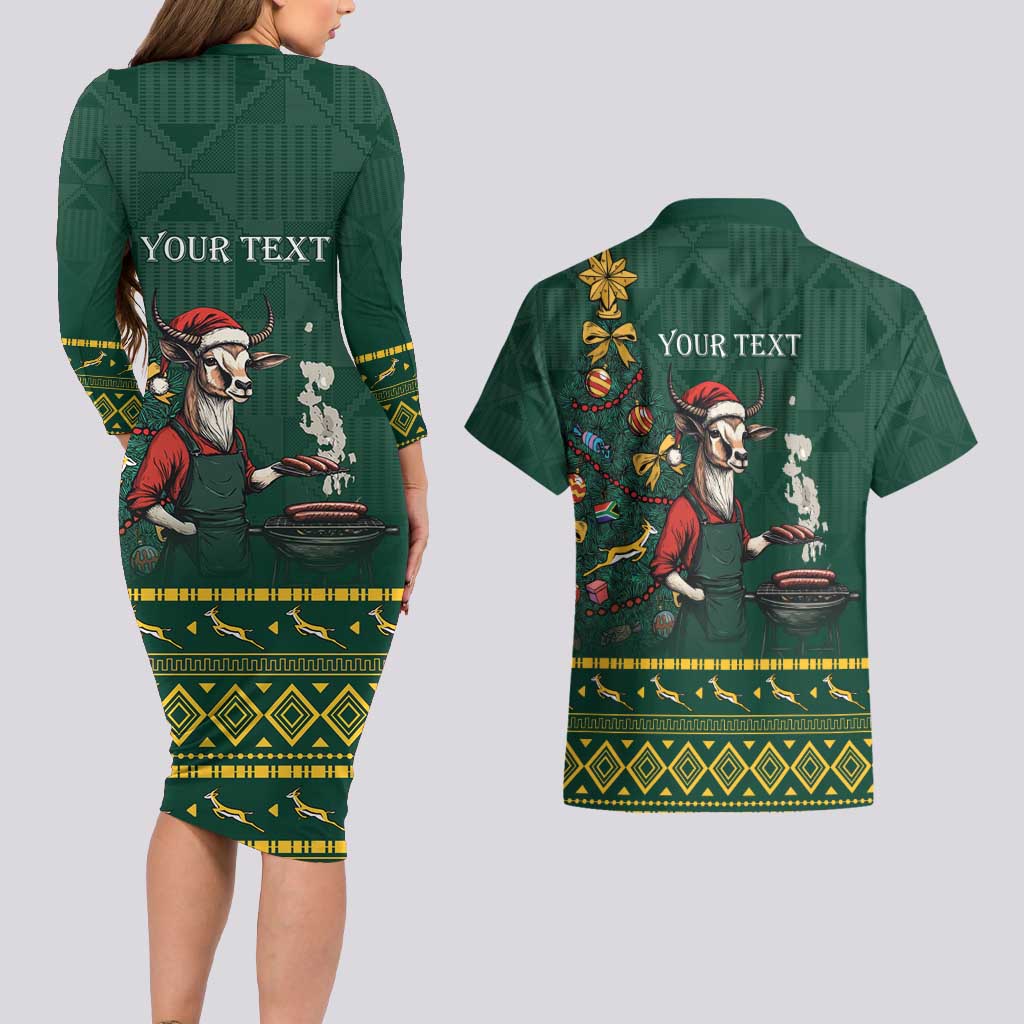 Personalised South Africa Christmas Couples Matching Long Sleeve Bodycon Dress and Hawaiian Shirt Bokke Merry Braai-mas LT7 - Wonder Print Shop