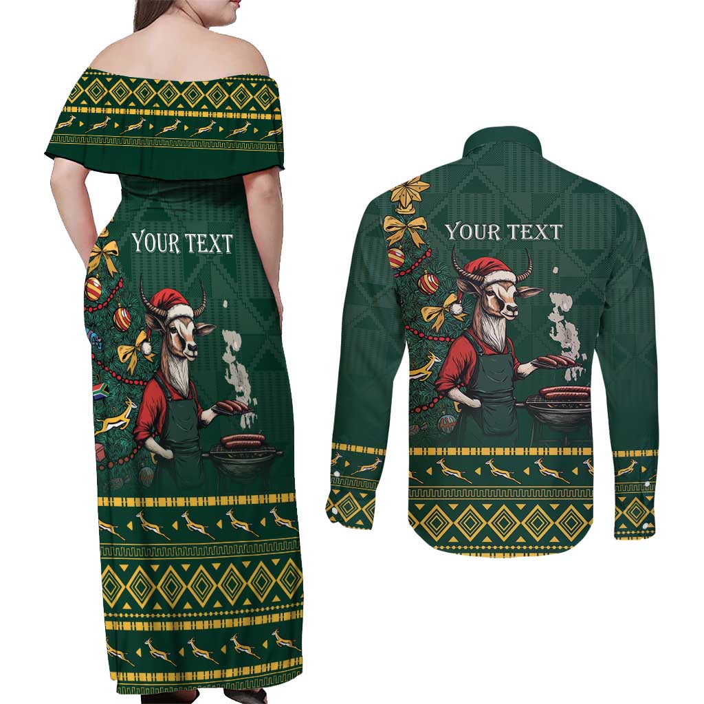 Personalised South Africa Christmas Couples Matching Off Shoulder Maxi Dress and Long Sleeve Button Shirt Bokke Merry Braai-mas LT7 - Wonder Print Shop
