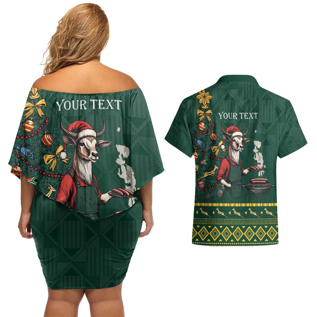 Personalised South Africa Christmas Couples Matching Off Shoulder Short Dress and Hawaiian Shirt Bokke Merry Braai-mas LT7 - Wonder Print Shop