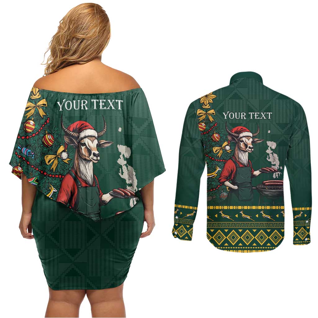 Personalised South Africa Christmas Couples Matching Off Shoulder Short Dress and Long Sleeve Button Shirt Bokke Merry Braai-mas LT7 - Wonder Print Shop