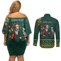Personalised South Africa Christmas Couples Matching Off Shoulder Short Dress and Long Sleeve Button Shirt Bokke Merry Braai-mas LT7 - Wonder Print Shop