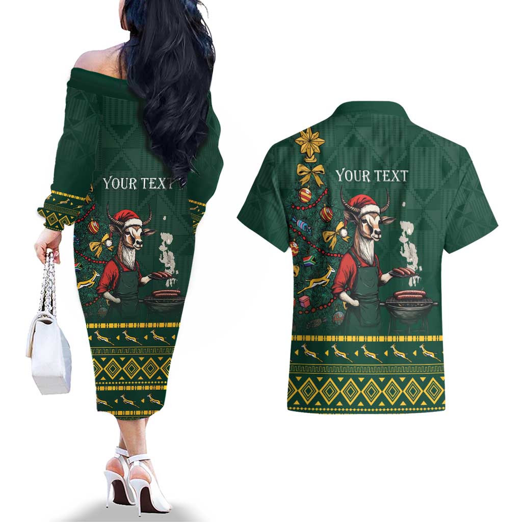 Personalised South Africa Christmas Couples Matching Off The Shoulder Long Sleeve Dress and Hawaiian Shirt Bokke Merry Braai-mas LT7 - Wonder Print Shop