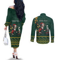 Personalised South Africa Christmas Couples Matching Off The Shoulder Long Sleeve Dress and Long Sleeve Button Shirt Bokke Merry Braai-mas