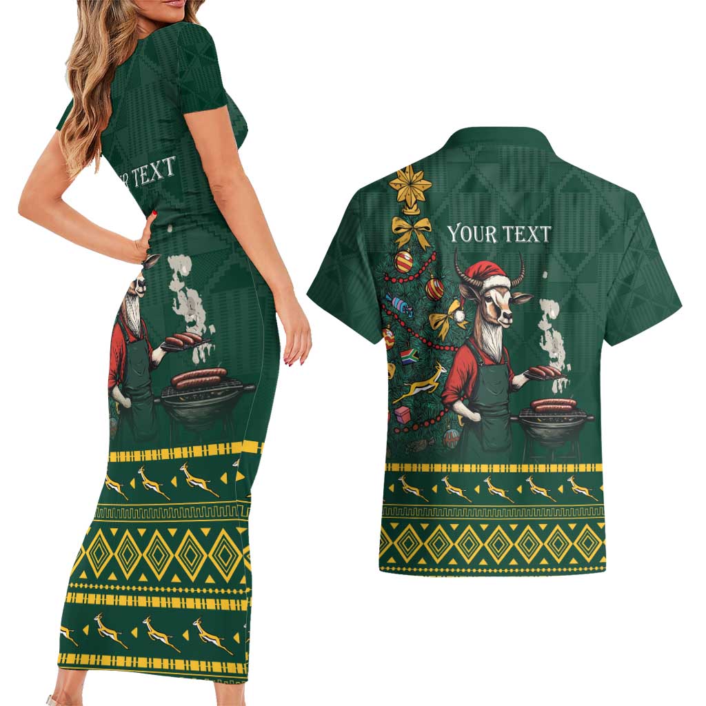 Personalised South Africa Christmas Couples Matching Short Sleeve Bodycon Dress and Hawaiian Shirt Bokke Merry Braai-mas LT7 - Wonder Print Shop
