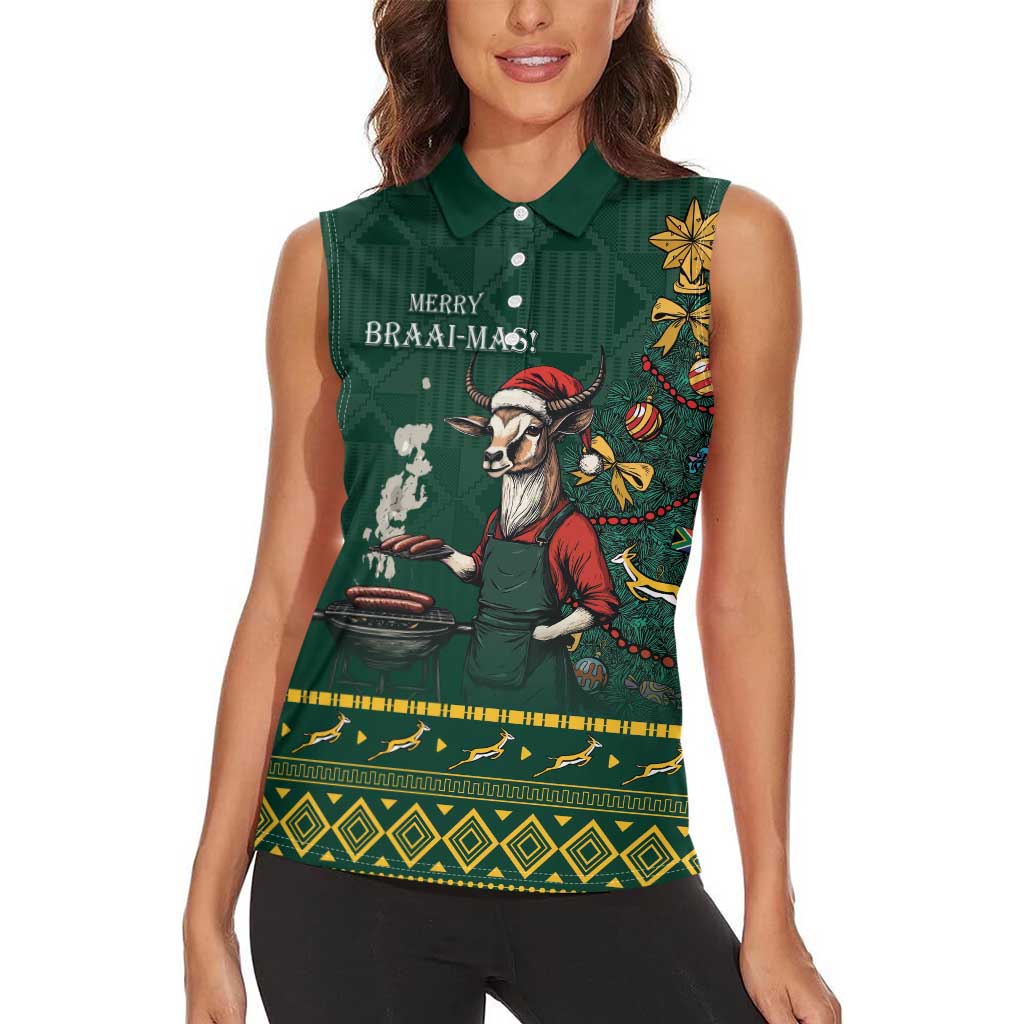 Personalised South Africa Christmas Women Sleeveless Polo Shirt Bokke Merry Braai-mas - Wonder Print Shop