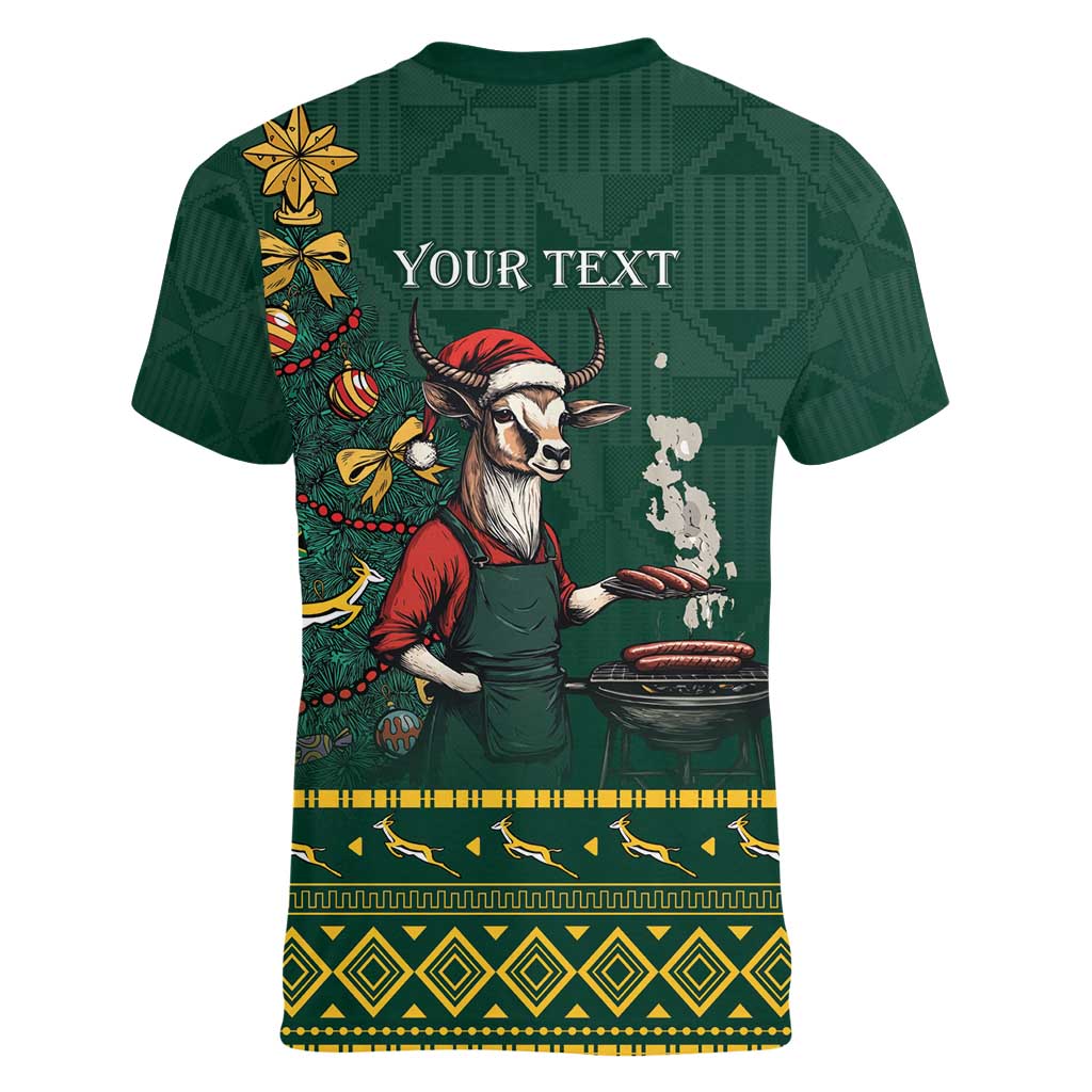 Personalised South Africa Christmas Women V-Neck T-Shirt Bokke Merry Braai-mas - Wonder Print Shop