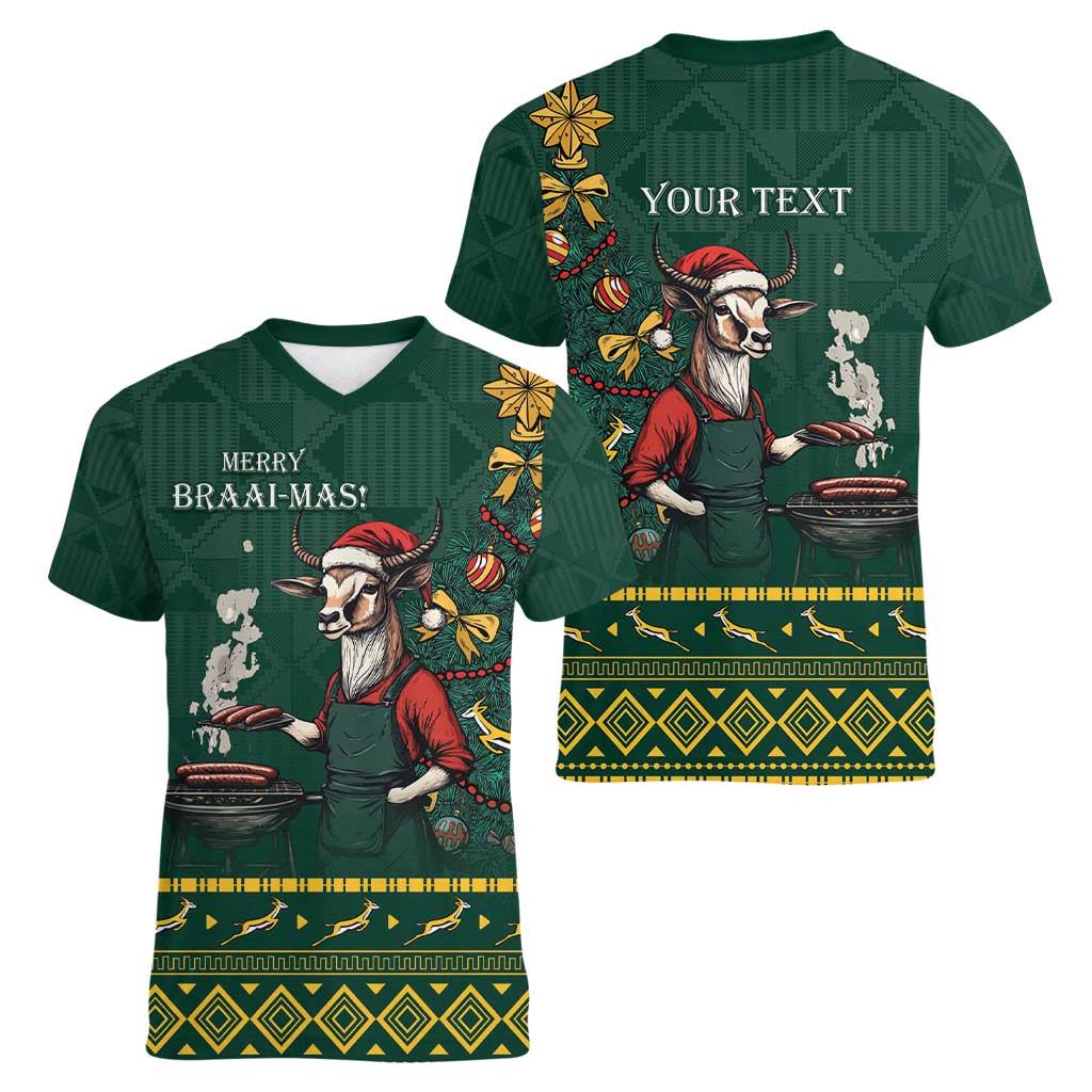 Personalised South Africa Christmas Women V-Neck T-Shirt Bokke Merry Braai-mas - Wonder Print Shop