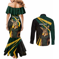 South Africa Personalised Couples Matching Mermaid Dress and Long Sleeve Button Shirt Springbok Mascot Dynamic