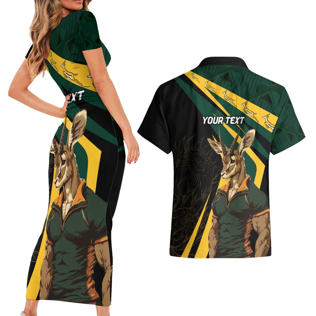 South Africa Personalised Couples Matching Short Sleeve Bodycon Dress and Hawaiian Shirt Springbok Mascot Dynamic LT7 - Wonder Print Shop