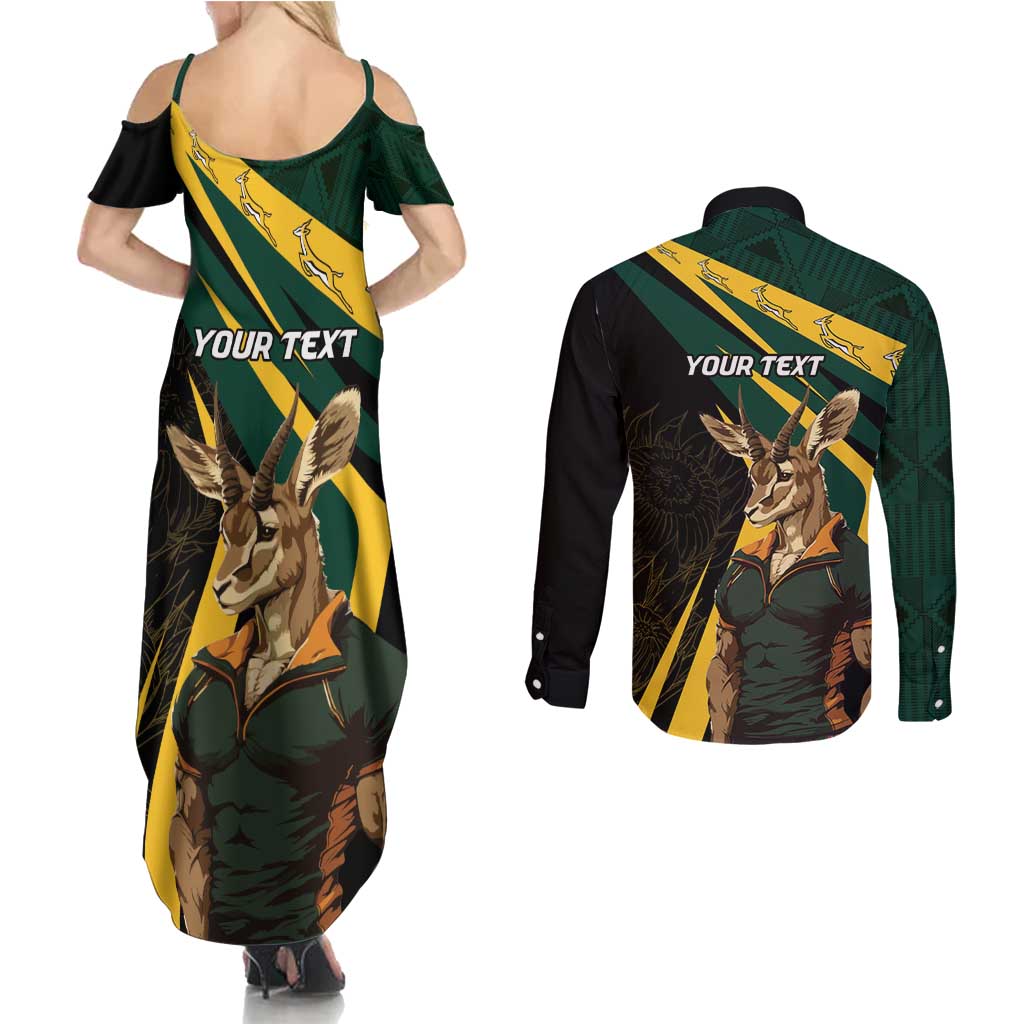 South Africa Personalised Couples Matching Summer Maxi Dress and Long Sleeve Button Shirt Springbok Mascot Dynamic LT7 - Wonder Print Shop