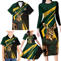 South Africa Personalised Family Matching Long Sleeve Bodycon Dress and Hawaiian Shirt Springbok Mascot Dynamic LT7 - Wonder Print Shop