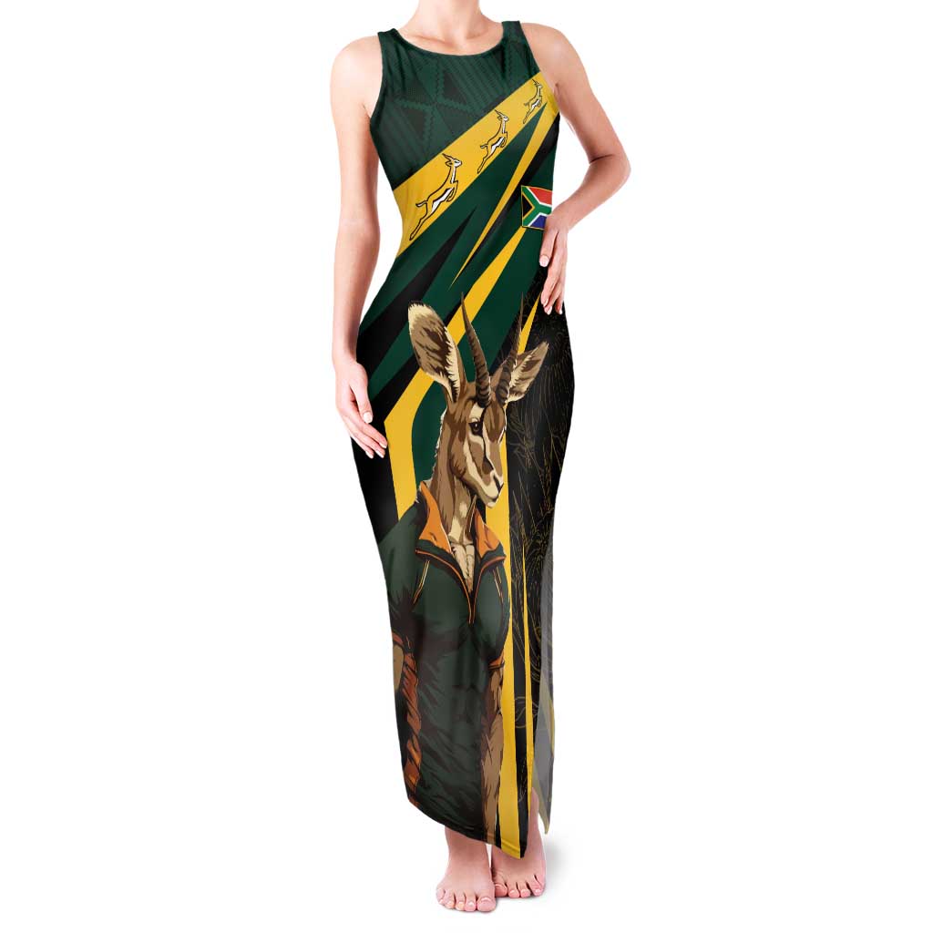 South Africa Personalised Family Matching Tank Maxi Dress and Hawaiian Shirt Springbok Mascot Dynamic - Wonder Print Shop