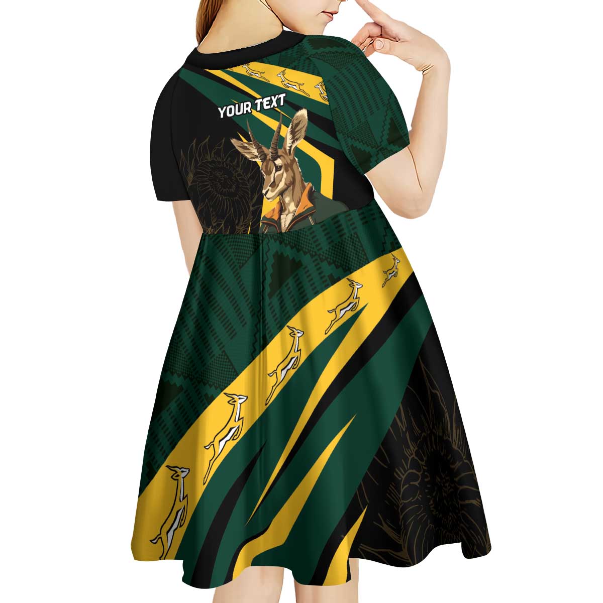 South Africa Personalised Kid Short Sleeve Dress Springbok Mascot Dynamic - Wonder Print Shop