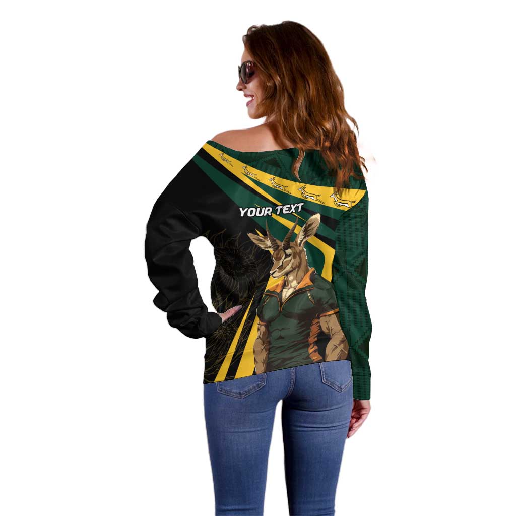 South Africa Personalised Off Shoulder Sweater Springbok Mascot Dynamic - Wonder Print Shop