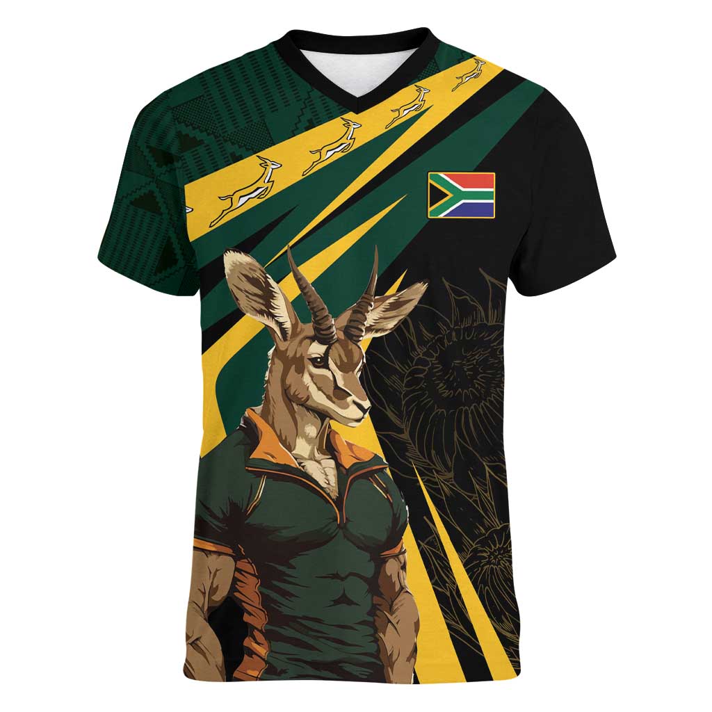 South Africa Personalised Women V-Neck T-Shirt Springbok Mascot Dynamic - Wonder Print Shop