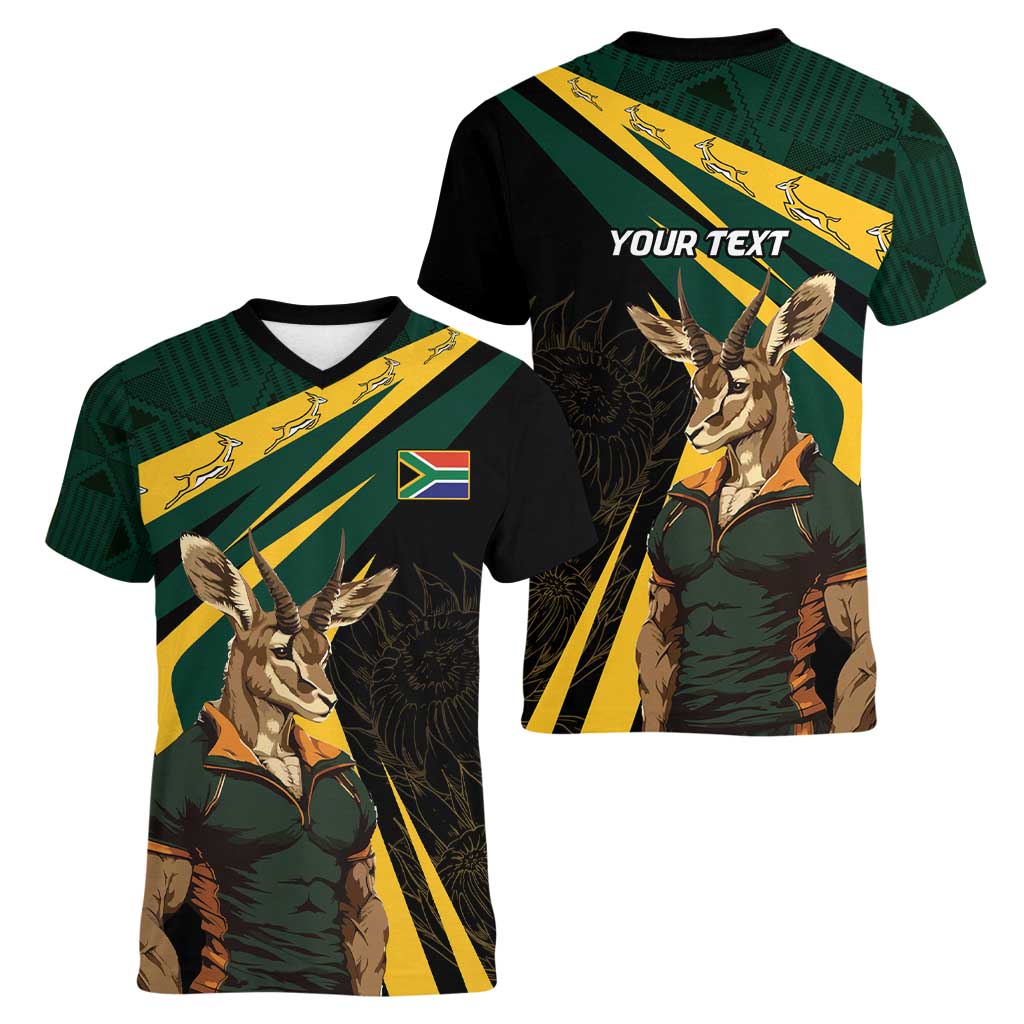 South Africa Personalised Women V-Neck T-Shirt Springbok Mascot Dynamic - Wonder Print Shop
