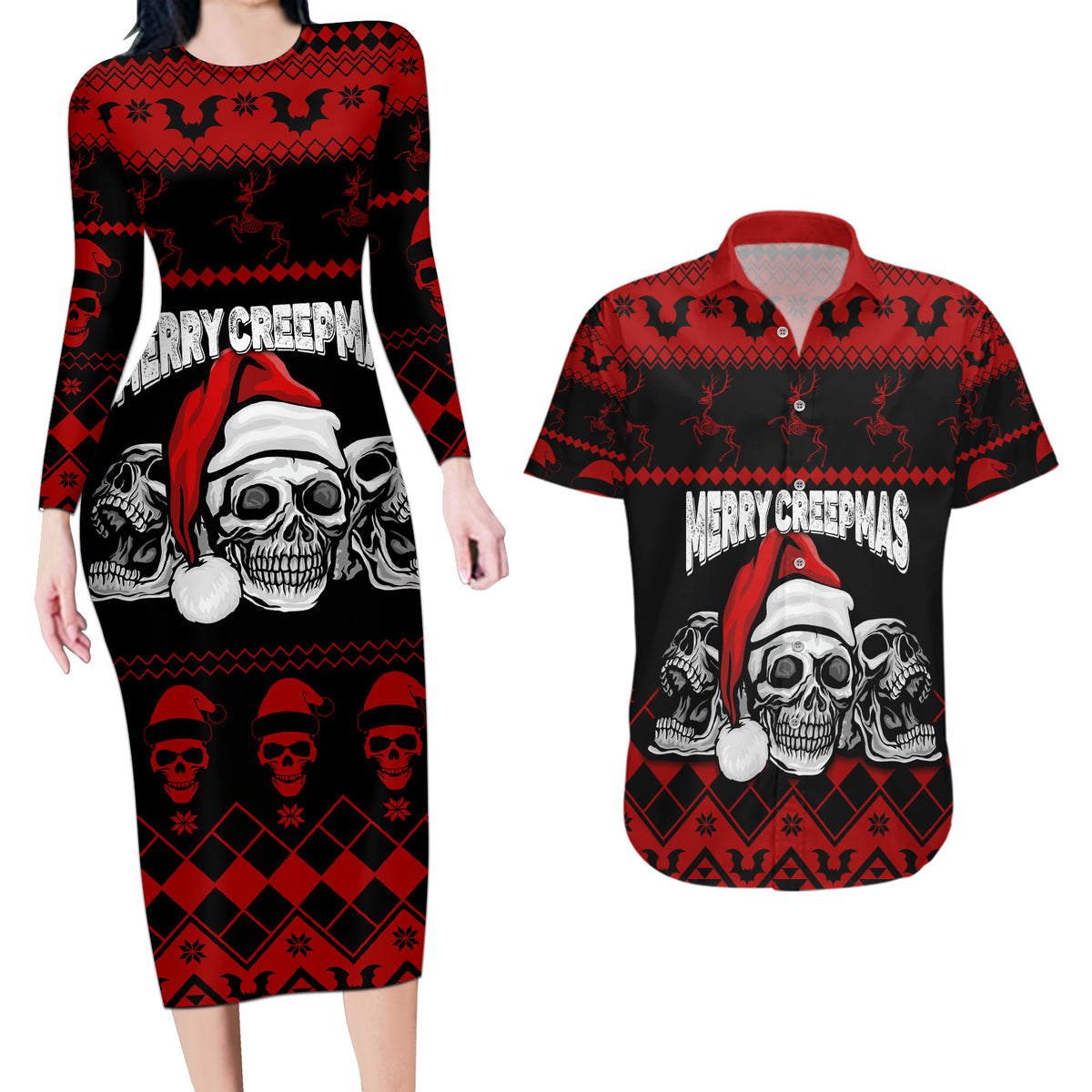 Custom Christmas Couples Matching Long Sleeve Bodycon Dress and Hawaiian Shirt Gothic Skull Creepmas LT7 - Wonder Print Shop
