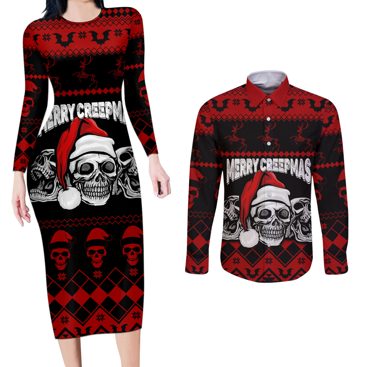 Custom Christmas Couples Matching Long Sleeve Bodycon Dress and Long Sleeve Button Shirt Gothic Skull Creepmas LT7 - Wonder Print Shop