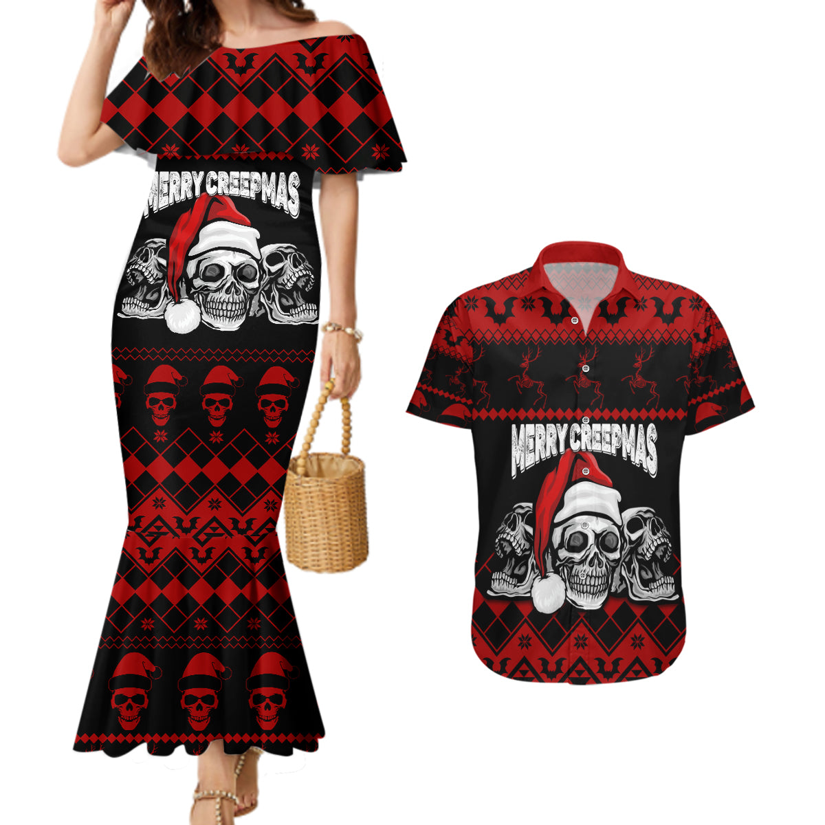 Custom Christmas Couples Matching Mermaid Dress and Hawaiian Shirt Gothic Skull Creepmas LT7 - Wonder Print Shop