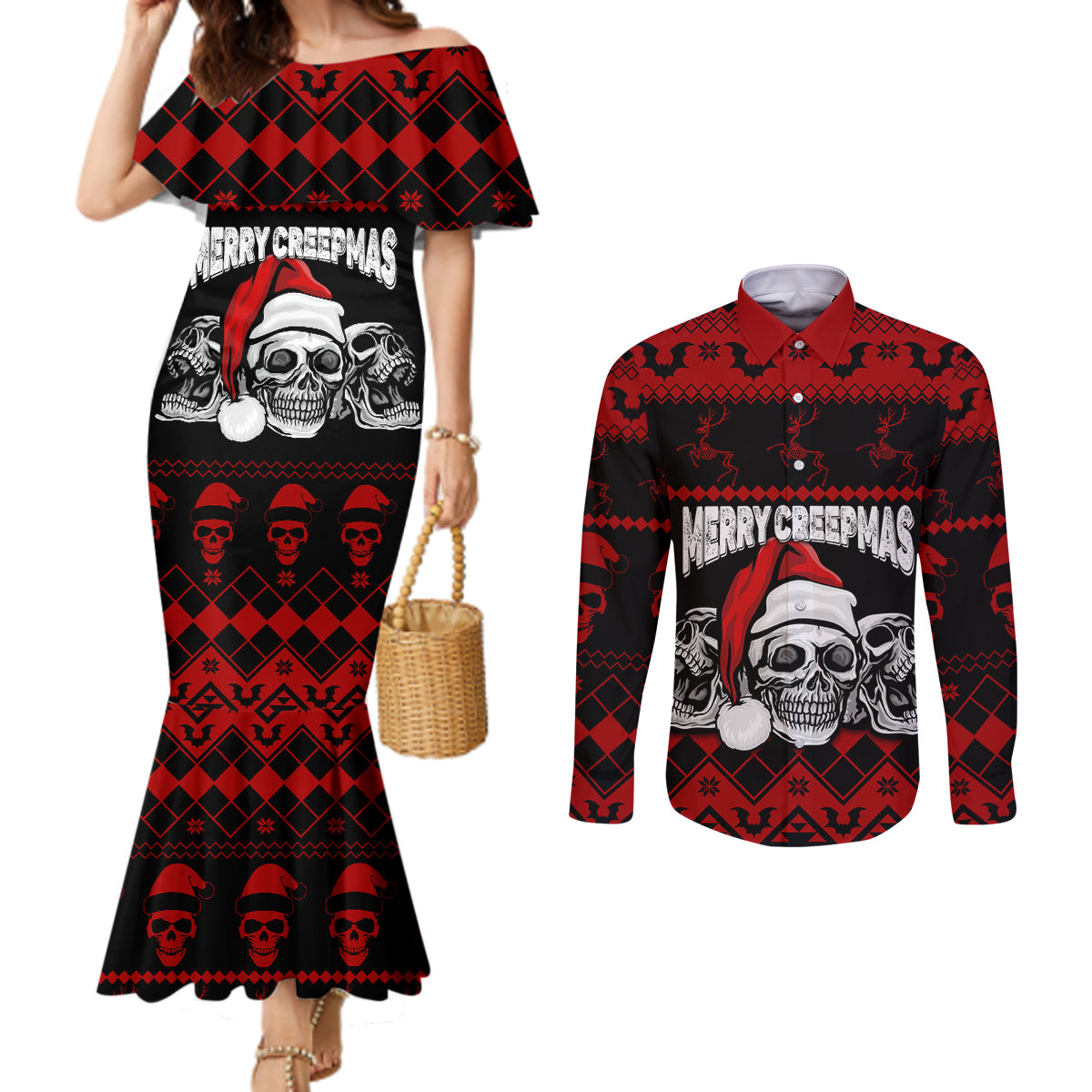 custom-christmas-couples-matching-mermaid-dress-and-long-sleeve-button-shirt-gothic-skull-creepmas