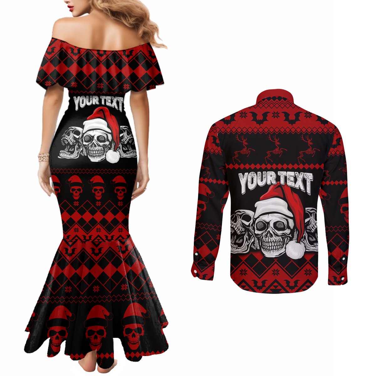 custom-christmas-couples-matching-mermaid-dress-and-long-sleeve-button-shirt-gothic-skull-creepmas