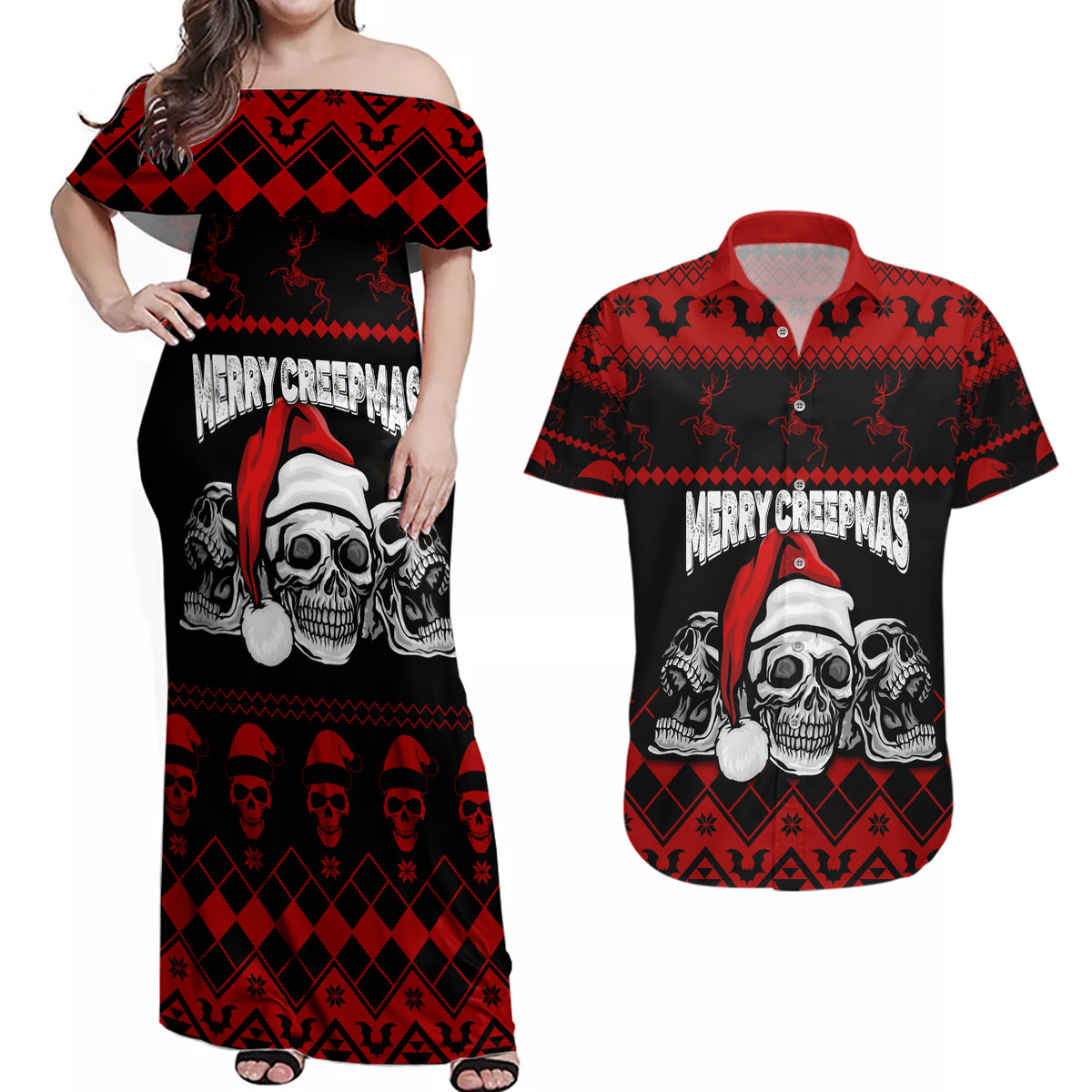 Custom Christmas Couples Matching Off Shoulder Maxi Dress and Hawaiian Shirt Gothic Skull Creepmas LT7 - Wonder Print Shop