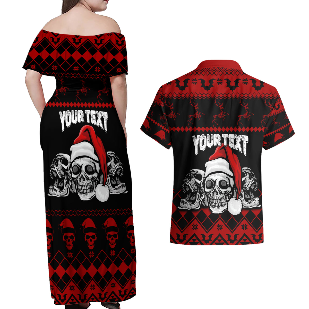 Custom Christmas Couples Matching Off Shoulder Maxi Dress and Hawaiian Shirt Gothic Skull Creepmas LT7 - Wonder Print Shop