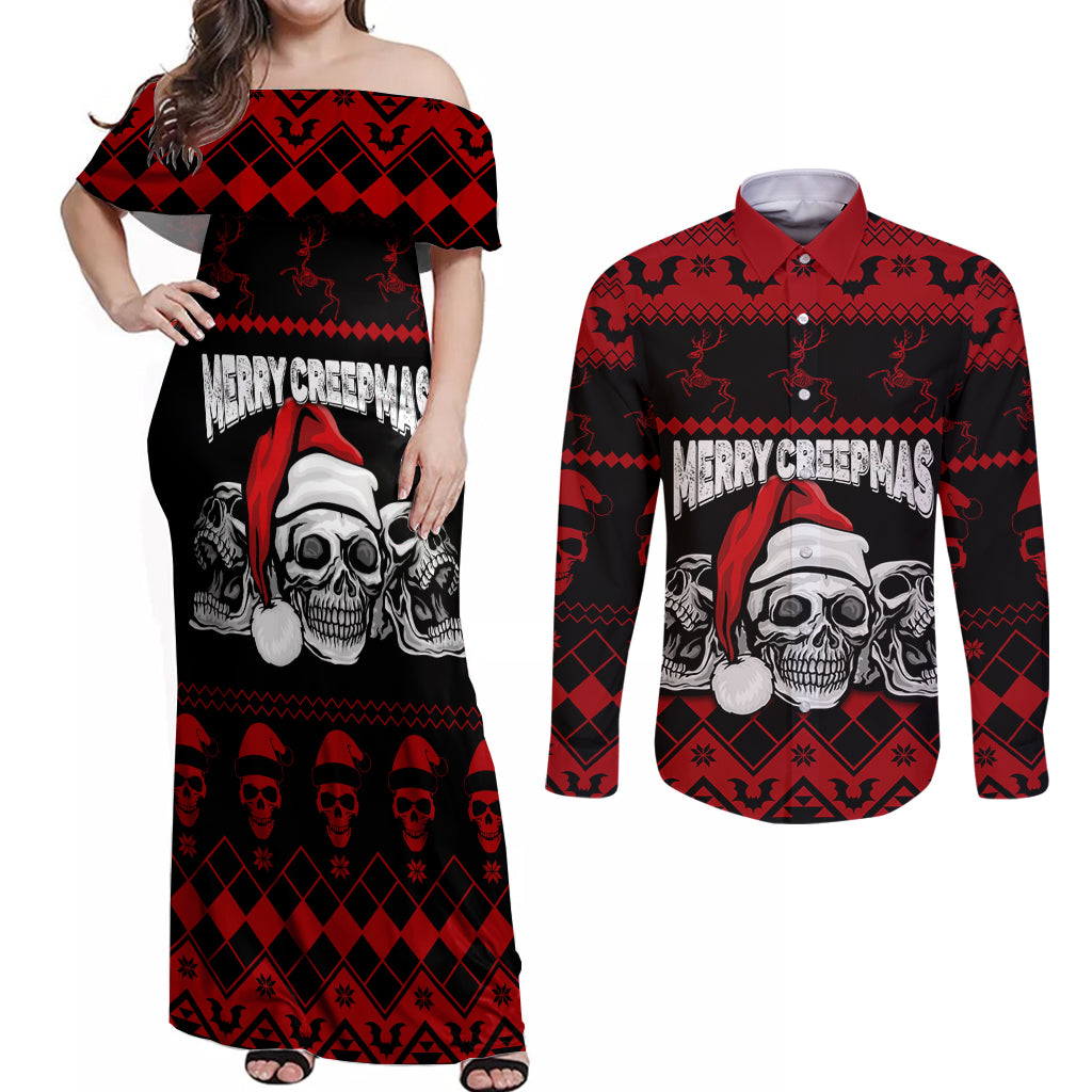 Custom Christmas Couples Matching Off Shoulder Maxi Dress and Long Sleeve Button Shirt Gothic Skull Creepmas LT7 - Wonder Print Shop
