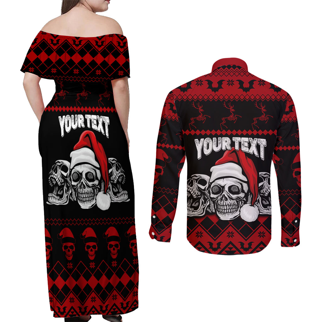 Custom Christmas Couples Matching Off Shoulder Maxi Dress and Long Sleeve Button Shirt Gothic Skull Creepmas LT7 - Wonder Print Shop