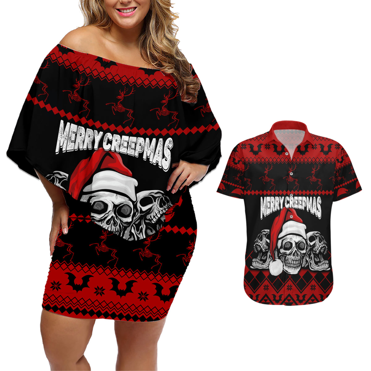 Custom Christmas Couples Matching Off Shoulder Short Dress and Hawaiian Shirt Gothic Skull Creepmas LT7 - Wonder Print Shop
