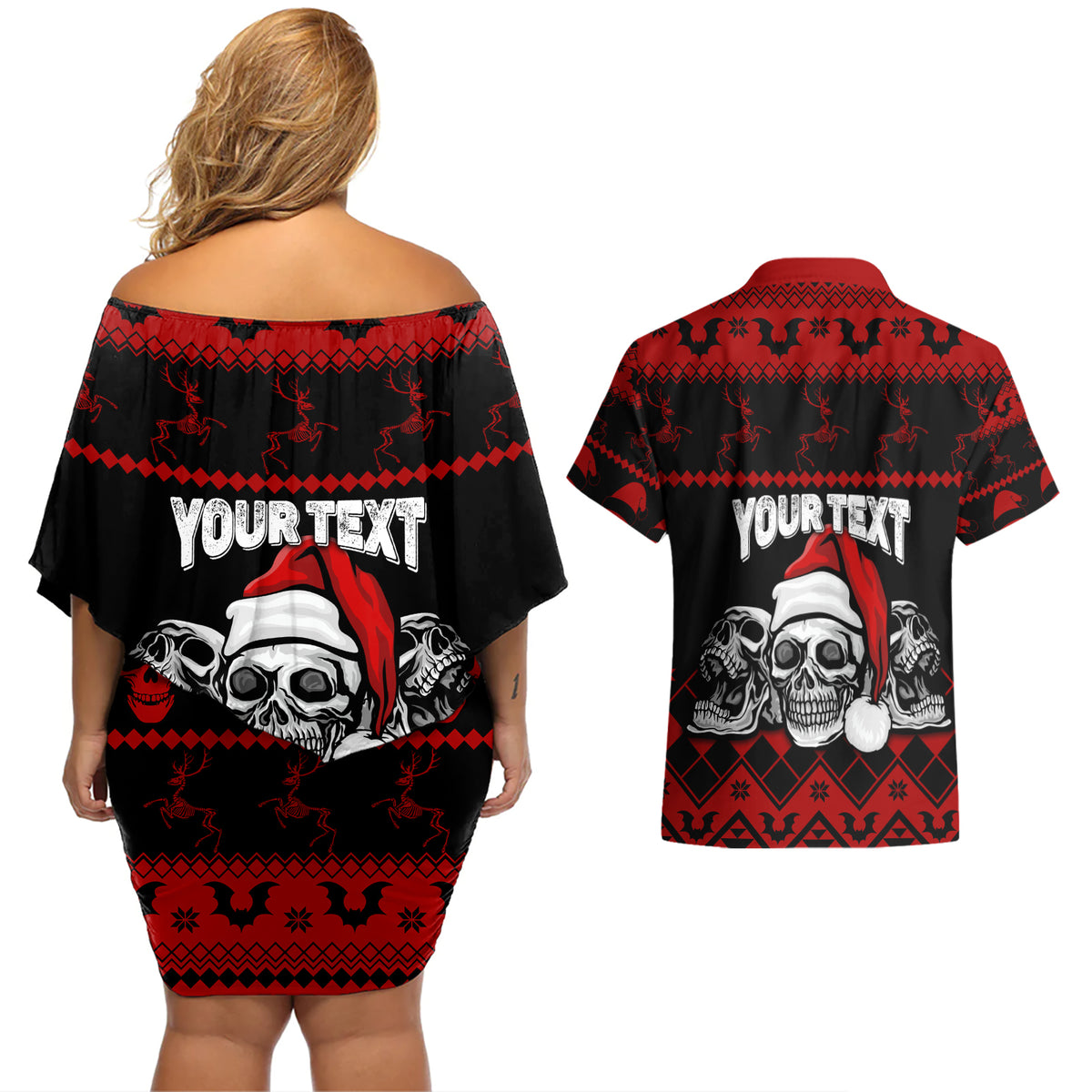 Custom Christmas Couples Matching Off Shoulder Short Dress and Hawaiian Shirt Gothic Skull Creepmas LT7 - Wonder Print Shop