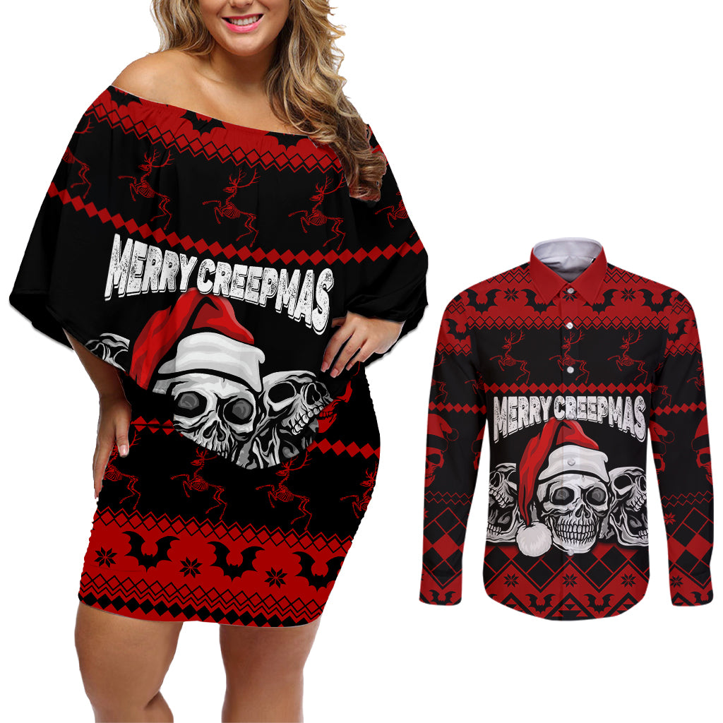 Custom Christmas Couples Matching Off Shoulder Short Dress and Long Sleeve Button Shirt Gothic Skull Creepmas LT7 - Wonder Print Shop