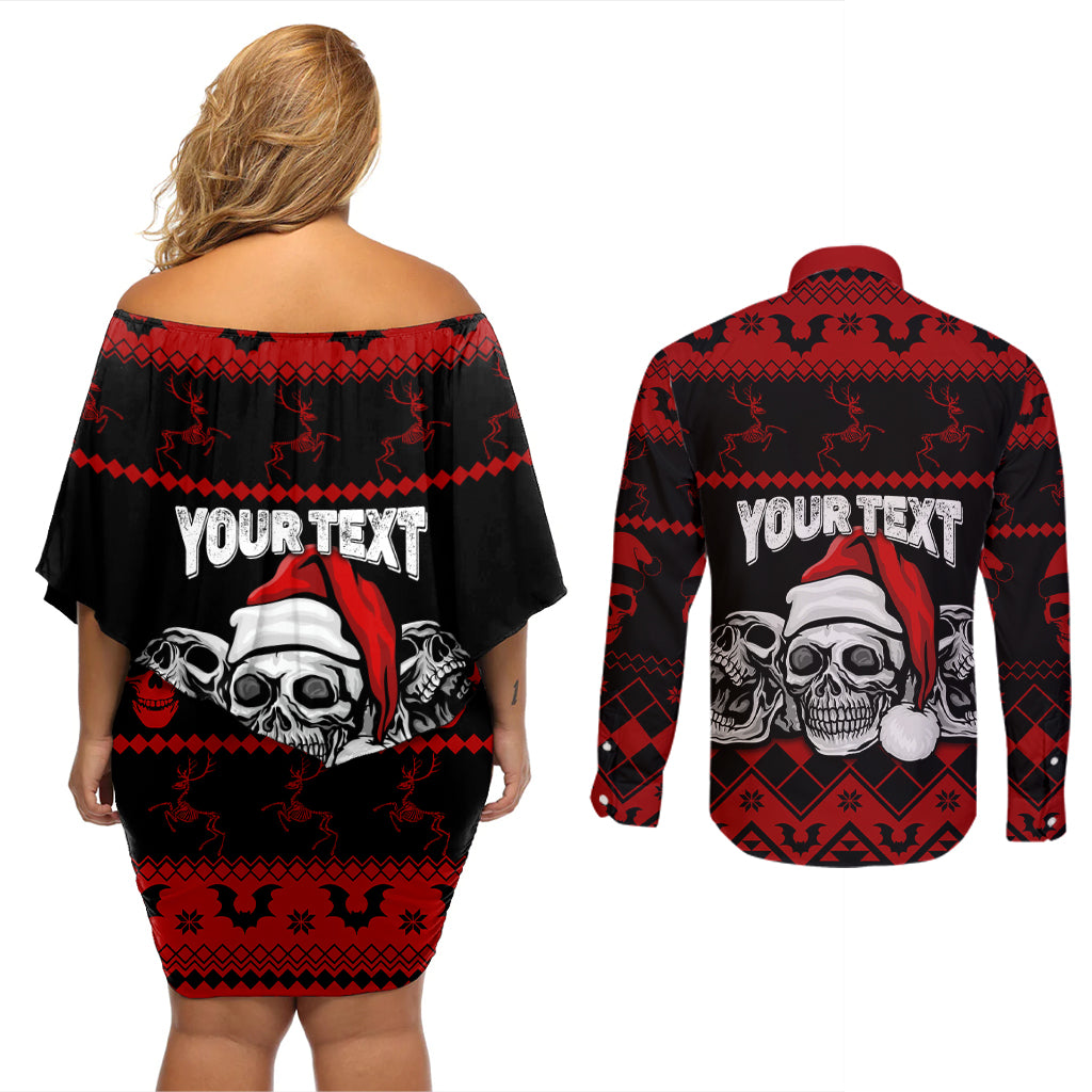 Custom Christmas Couples Matching Off Shoulder Short Dress and Long Sleeve Button Shirt Gothic Skull Creepmas LT7 - Wonder Print Shop